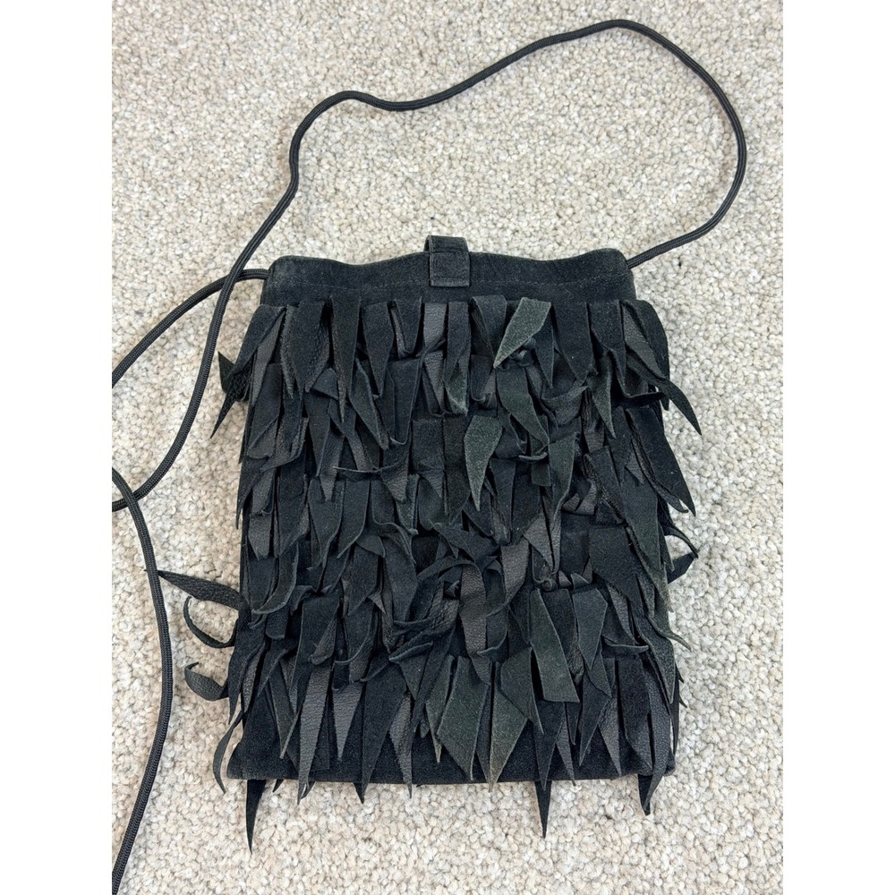 Kathryn Laibson Black Suede Fringed Crossbody Bag Boho Festival Button Closure - Picture 4 of 6